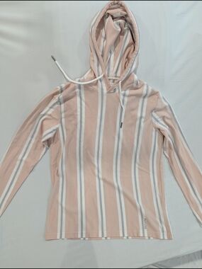 Denim & Flower Blush Pink, White & Gray Striped Hooded Top
